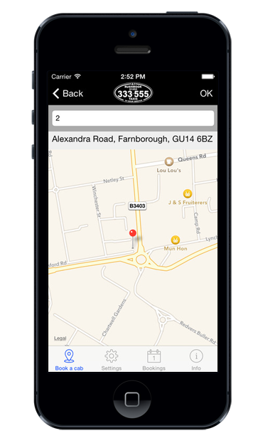 Rushmoor Taxis iPhone Mock of Smartphone App