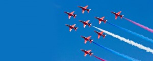 Red Arrows flying above Farnborough airshow
